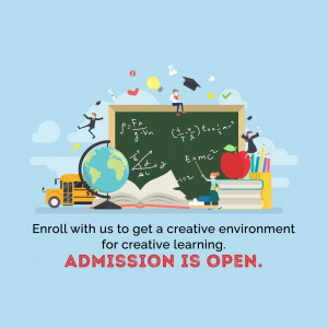 Illustration of students celebrating around school supplies and a chalkboard with the text 'Admission is Open'.