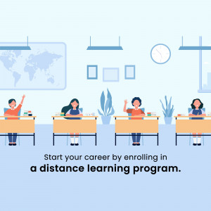 Illustration of students in a classroom setting promoting distance learning.