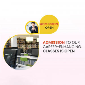 Image advertising admission open for career-enhancing classes with a student and library background.