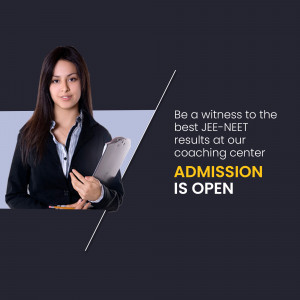 Woman holding a tablet with text announcing JEE-NEET coaching admission