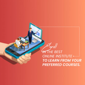 Illustration of a hand holding a smartphone displaying an online learning environment.