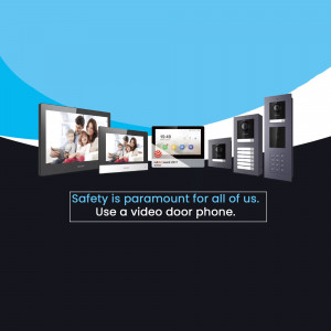 A variety of video door phone components displayed against a blue and black background with the tagline 'Safety is paramount for all of us. Use a video door phone.'