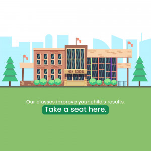 Illustration of a brick high school building with a green lawn and city skyline in the background.
