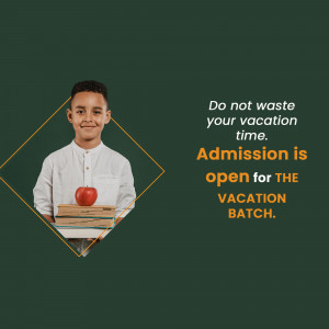A young student holding books and an apple with text promoting vacation batch admission.