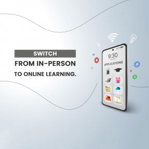 Smartphone displaying online learning applications with icons and a 'Switch from In-Person to Online Learning' message.