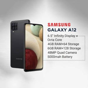 Image of a black Samsung Galaxy A12 smartphone with specifications listed.