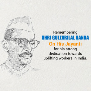 Sketch of Shri Gulzarilal Nanda with text commemorating his birth anniversary.