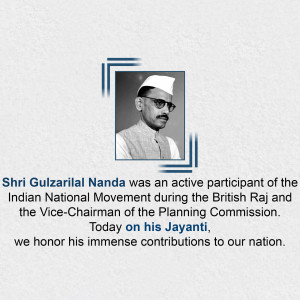 Black and white portrait of Shri Gulzarilal Nanda, a prominent figure in the Indian National Movement.