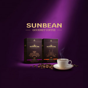 Sunbean Gourmet Coffee packaging and a cup of coffee with coffee beans