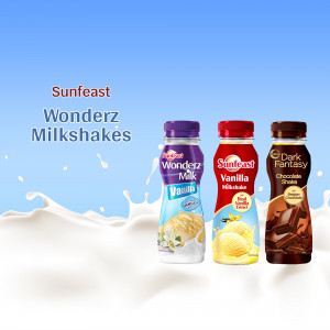 Three bottles of Sunfeast Wonderz Milkshakes - Vanilla, Vanilla Milk, and Dark Fantasy Chocolate