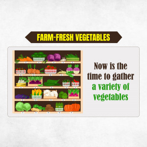 Illustration of a shelf stocked with colorful fresh vegetables.