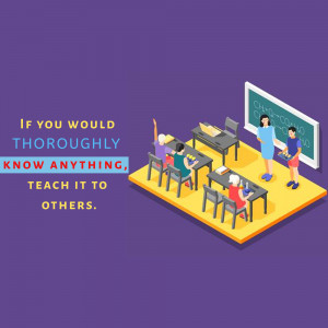 Isometric illustration of a classroom with students and a teacher, with a motivational quote.