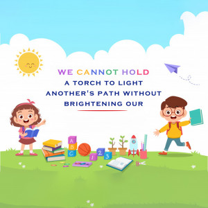 Illustration of children with books and educational toys under a sunny sky with motivational text.