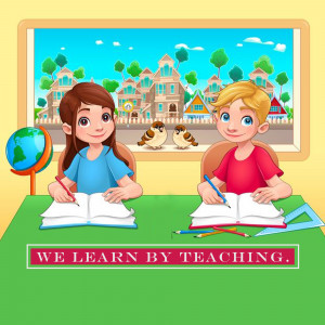 Two children studying at a desk with a globe and birds.