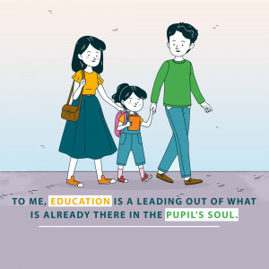 Illustration of a family walking together with a quote about education.