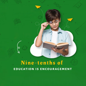 A young boy reading a book with educational icons and text about encouragement.