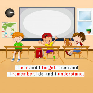 Illustration of children in a classroom with a quote about learning.