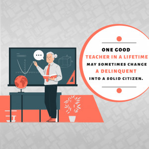 Illustration of a teacher at a chalkboard with an inspirational quote.