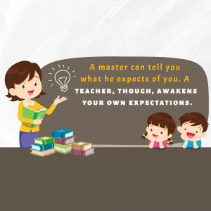 Illustration of a teacher with students and a quote about the power of education.