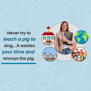 Motivational quote with an image of a woman and educational icons.