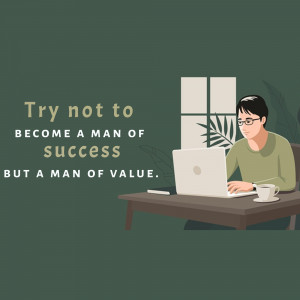 Illustration of a man working on a laptop with motivational text.