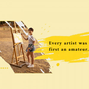 Young woman painting on an easel outdoors with motivational quote.