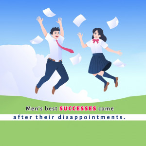 Illustration of a man and woman jumping in the air with papers flying around them, with motivational text.