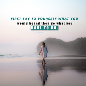 Woman walking on a beach with motivational quote overlay