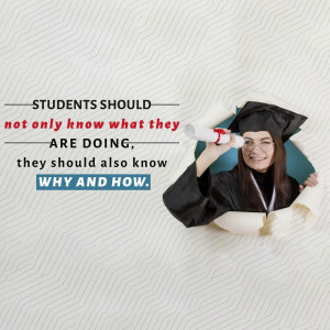 A graduate student peeks through a torn background with text emphasizing understanding the reasoning behind actions.
