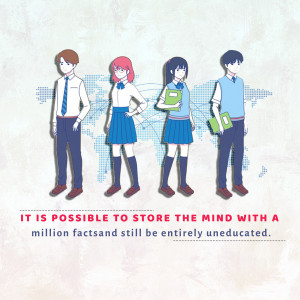 Four anime-style students standing in a row with a world map background and a quote about education.