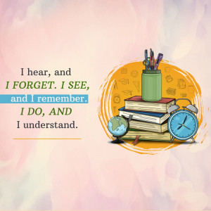 Illustration of books, stationery, a globe, and a clock with a quote about learning.