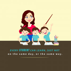 Illustration of a teacher with students in a classroom setting