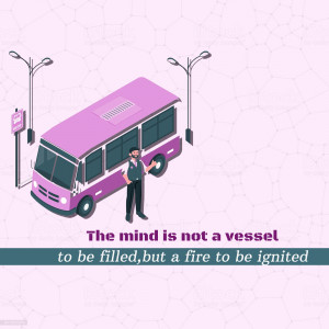 Isometric illustration of a pink bus with a driver at a bus stop, with a motivational quote at the bottom.