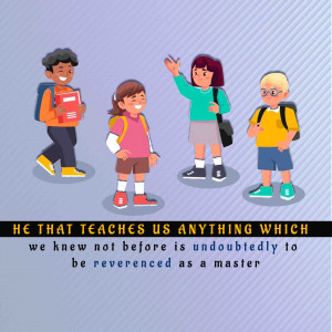 Illustration of children walking to school with a quote about teachers.