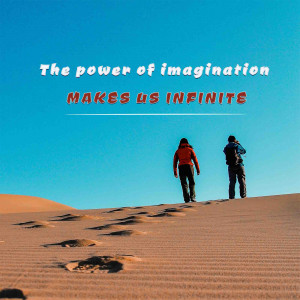 Two people walking away from the viewer in a desert landscape with text overlay.