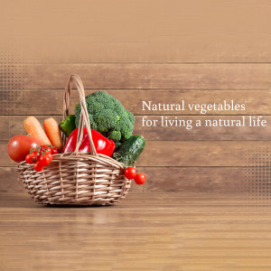 A wicker basket filled with fresh, colorful vegetables like broccoli, tomatoes, carrots, peppers, and cucumbers.