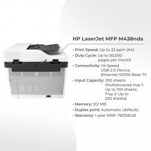 HP LaserJet MFP M438nda monochrome printer with specifications