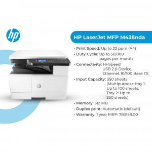 HP LaserJet MFP M438nda monochrome printer with specifications