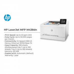 HP LaserJet MFP M438dn monochrome printer with specifications