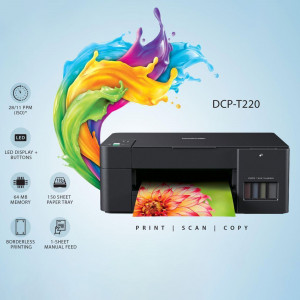 Brother DCP-T220 color inkjet printer with vibrant splash of colors