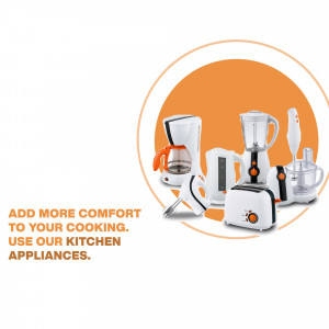 A collection of kitchen appliances including a coffee maker, blender, toaster, and hand mixer.