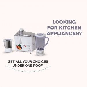White juicer and mixer grinder with fruits displayed, advertising kitchen appliances.