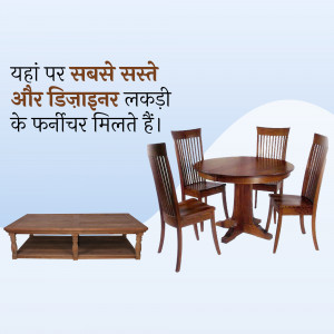 Image of a wooden dining table and chairs with a coffee table, advertising affordable furniture.