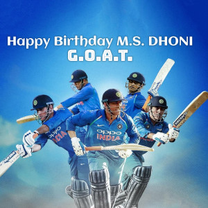 Collage of M.S. Dhoni in various cricket poses with 'Happy Birthday M.S. Dhoni G.O.A.T.' text