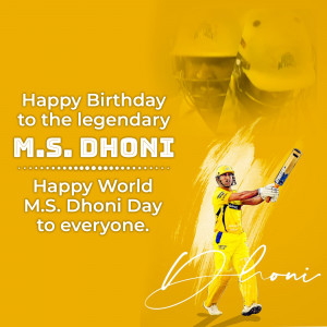MS Dhoni birthday celebration graphic with cricket imagery and signature