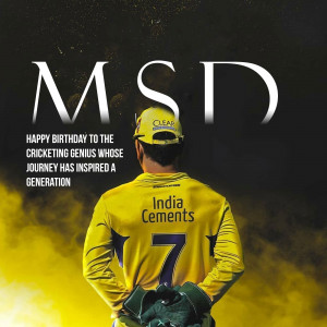 MS Dhoni in a yellow jersey with a helmet, celebrating his birthday.