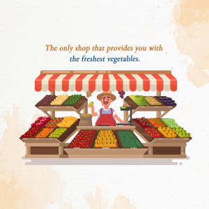 Illustration of a vegetable market stall with a vendor and colorful produce.