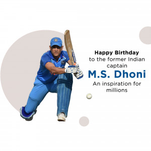 MS Dhoni batting in a cricket match with birthday wishes