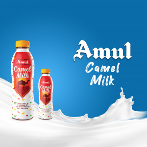 Amul Camel Milk bottles with splash of milk and logo