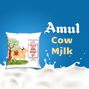 Image of an Amul Cow Milk pack with a cow illustration.